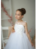 Beaded White Lace Tulle Sheer Back Flower Girl Dress Beaded White Lace Tulle Sheer Back Flower Girl Dress